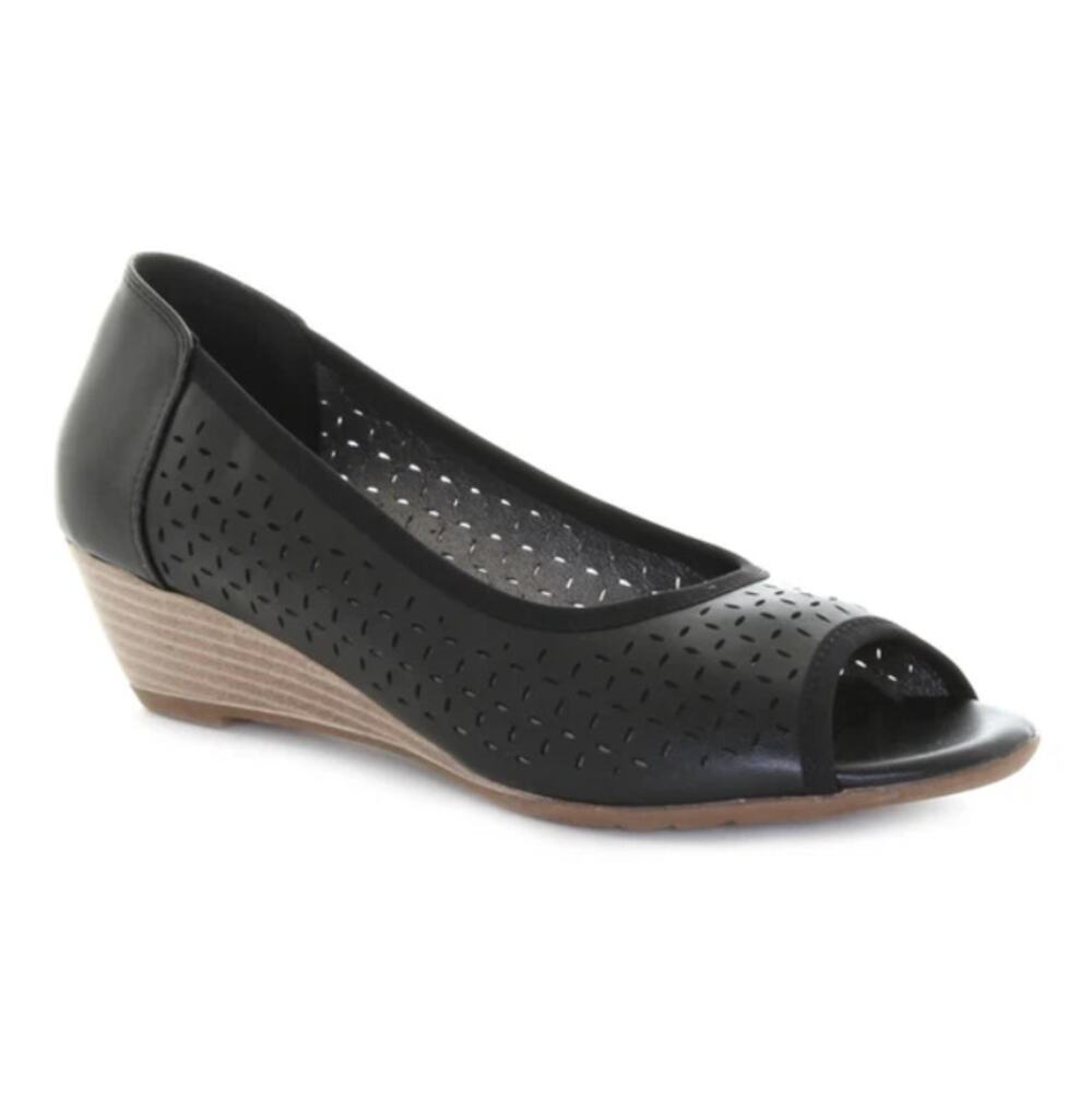Dexter Dexflex Peep Toe Sandals Wedge Heel Vegan Leather Black Womens Size US 7